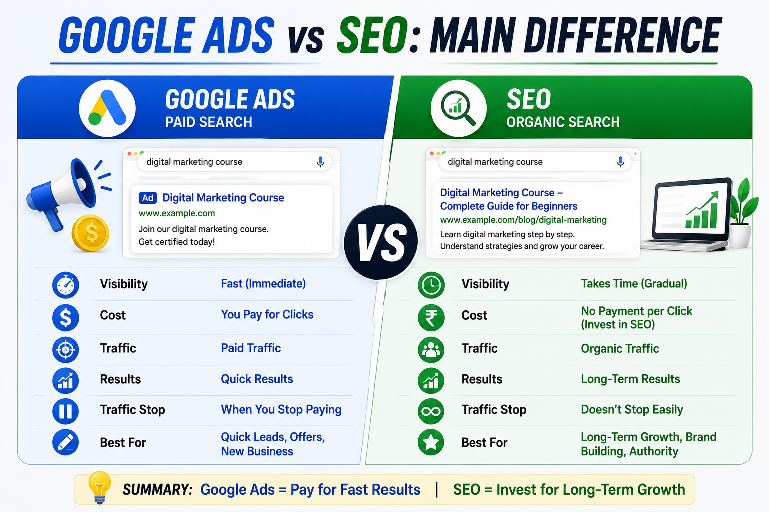 Google Ads vs SEO main difference between paid search and organic search