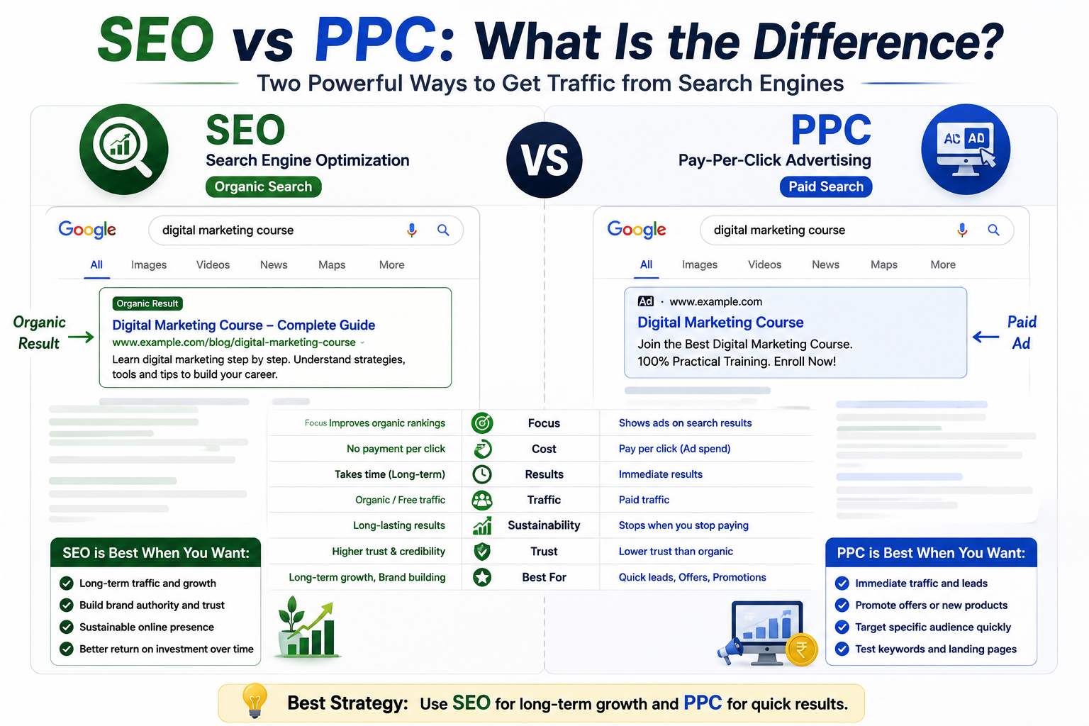 SEO vs PPC comparison showing organic search and paid search differences