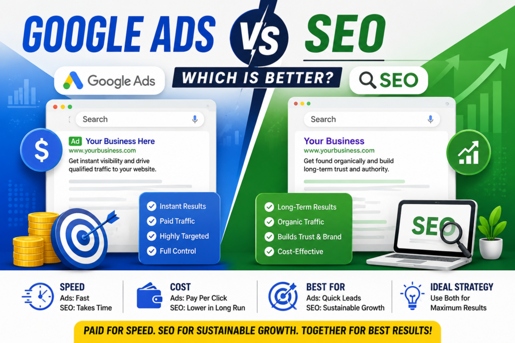 Google Ads vs SEO comparison for digital marketing