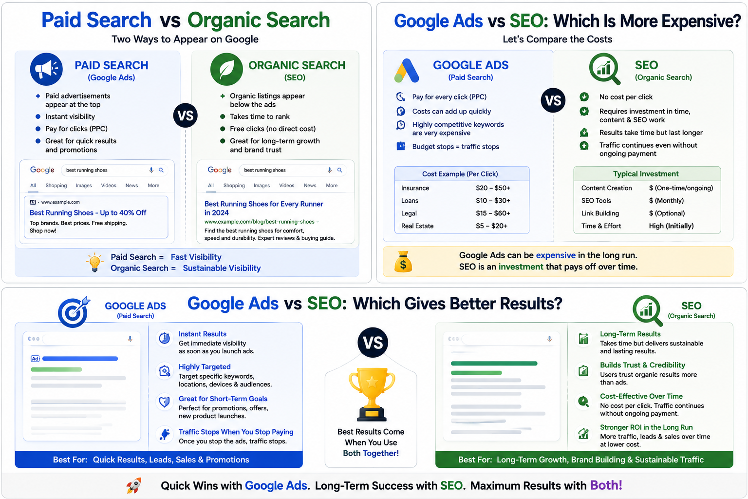 Paid search vs organic search comparison showing Google Ads cost, SEO benefits, and results
