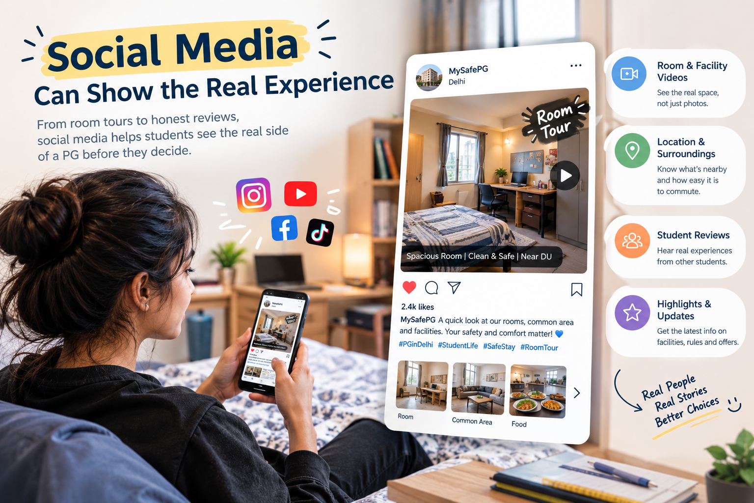 Social media showing real PG rooms, student reviews, and facilities for better accommodation choices